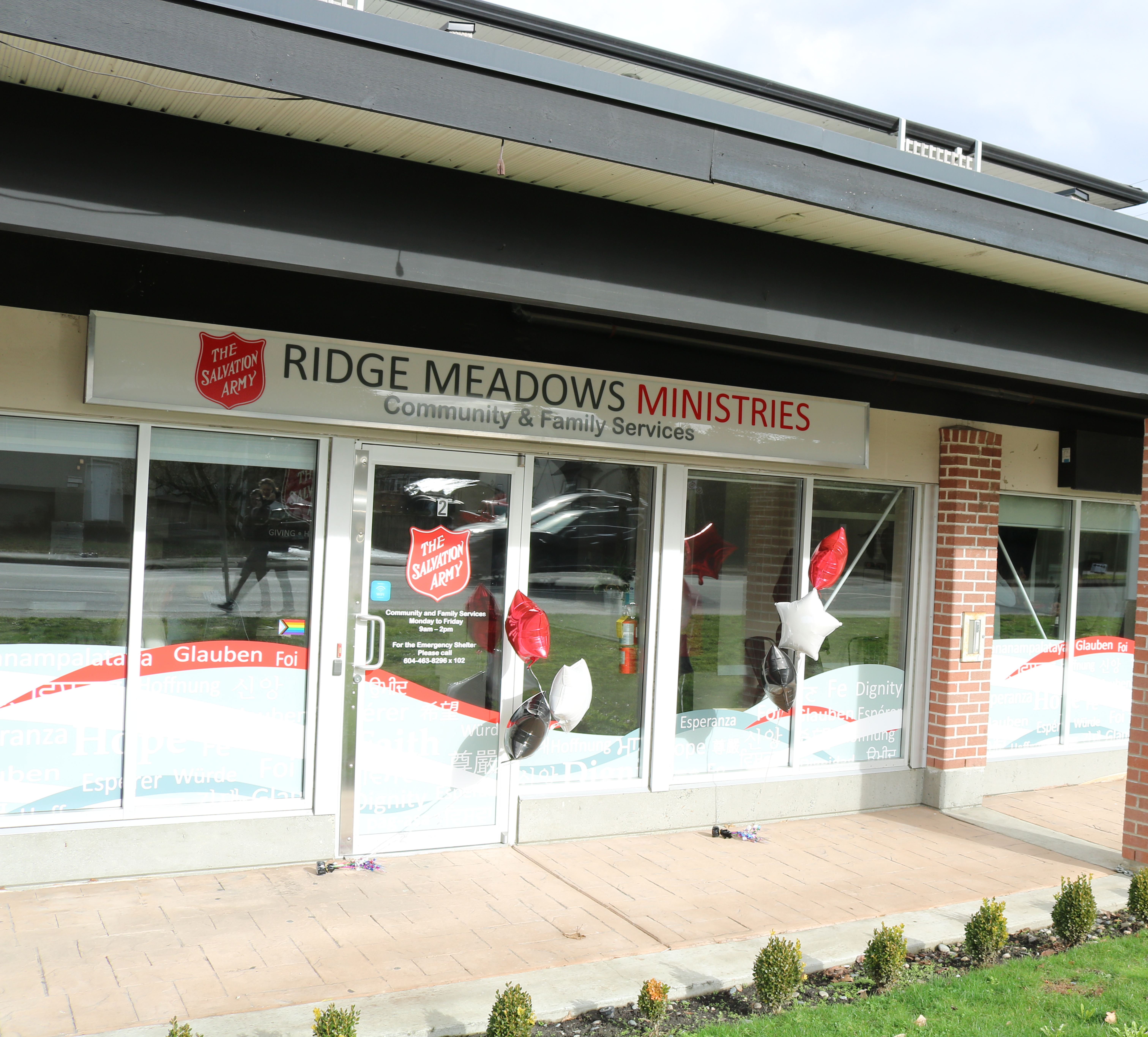Exterior of Ridge Meadows Ministries building with the Salvation Army signage.