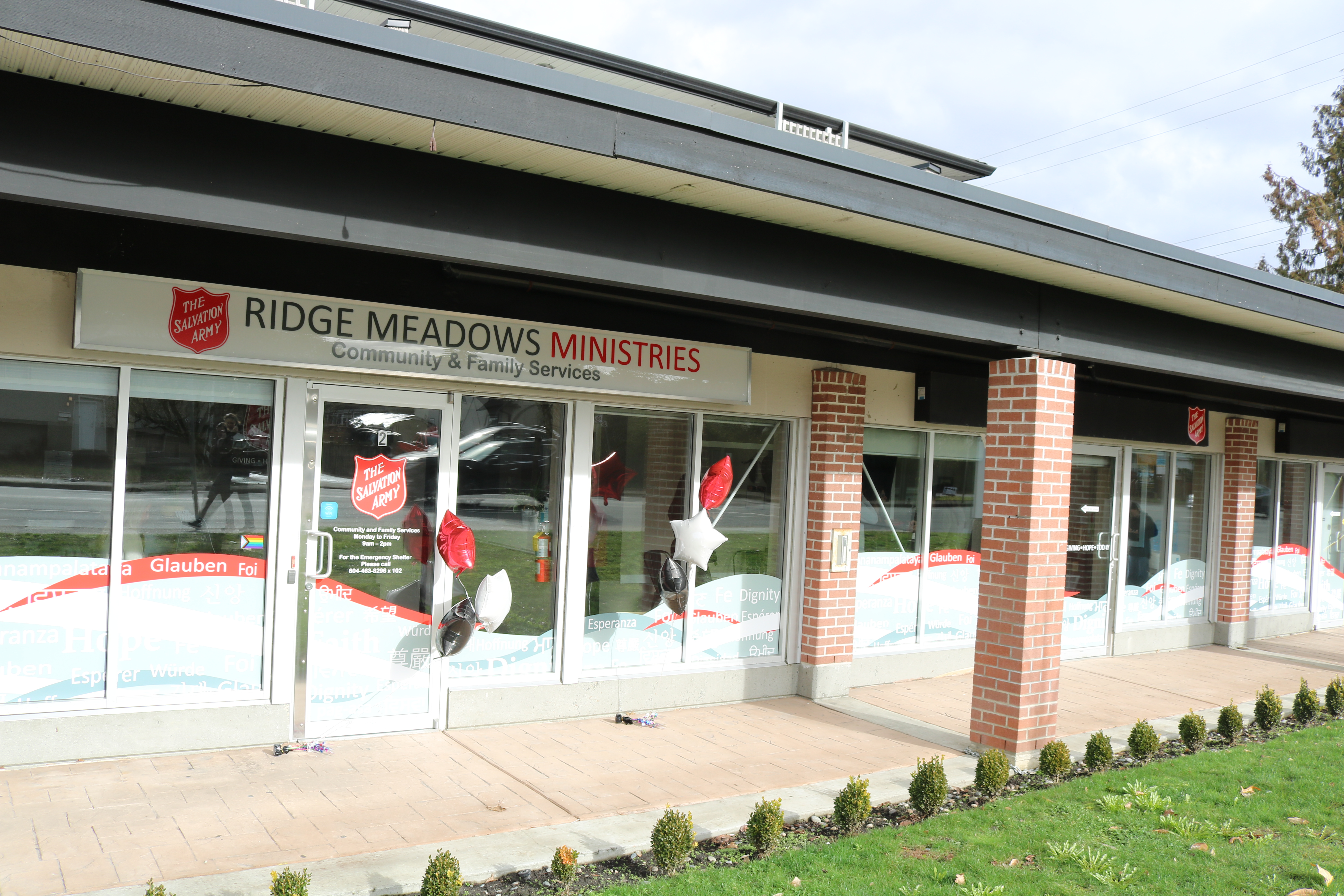 Exterior of Ridge Meadows Ministries building with the Salvation Army signage.