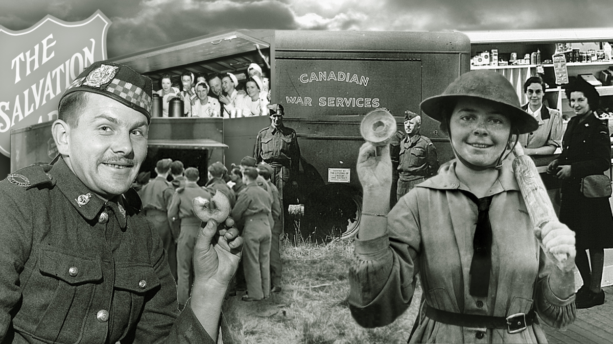 Historic black-and-white photo showing the Salvation Army volunteers and soldiers during wartime, holding doughnuts and baking tools.
