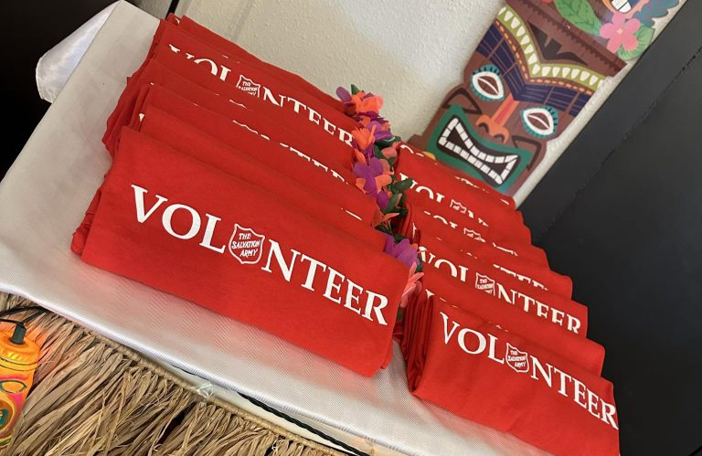 The Salvation Army branded Volunteer Appreciation gifts displayed on a table during Volunteer Appreciation Week.